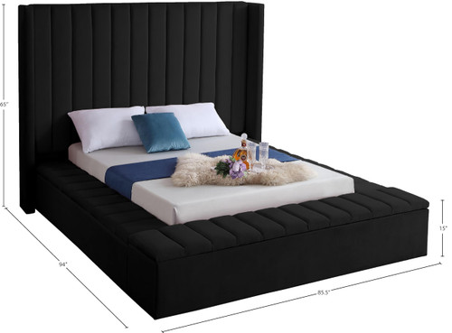 Kiki Collection Modern | Contemporary Velvet Upholsterd Bed with Channel Tufting, Siderails and Footboard Storage Compartments, Full, Black
