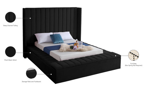 Kiki Collection Modern | Contemporary Velvet Upholsterd Bed with Channel Tufting, Siderails and Footboard Storage Compartments, Full, Black