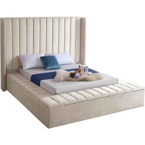 Kiki Collection Modern | Contemporary Velvet Upholsterd Bed with Channel Tufting, Siderails and Footboard Storage Compartments, Full, Cream