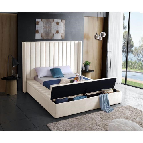 Kiki Collection Modern | Contemporary Velvet Upholsterd Bed with Channel Tufting, Siderails and Footboard Storage Compartments, Full, Cream