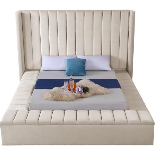 Kiki Collection Modern | Contemporary Velvet Upholsterd Bed with Channel Tufting, Siderails and Footboard Storage Compartments, Full, Cream