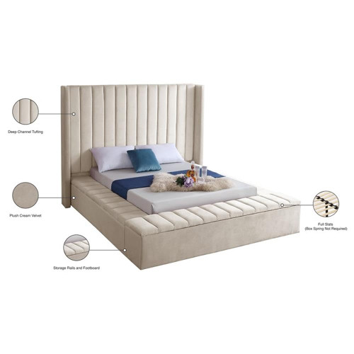 Kiki Collection Modern | Contemporary Velvet Upholsterd Bed with Channel Tufting, Siderails and Footboard Storage Compartments, Full, Cream