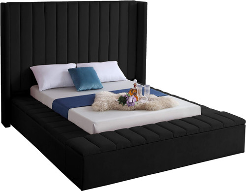 Kiki Collection Modern | Contemporary Velvet Upholsterd Bed with Channel Tufting, Siderails and Footboard Storage Compartments, Queen, Black