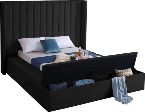 Kiki Collection Modern | Contemporary Velvet Upholsterd Bed with Channel Tufting, Siderails and Footboard Storage Compartments, Queen, Black