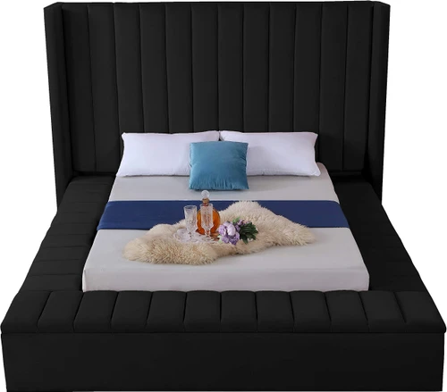 Kiki Collection Modern | Contemporary Velvet Upholsterd Bed with Channel Tufting, Siderails and Footboard Storage Compartments, Queen, Black