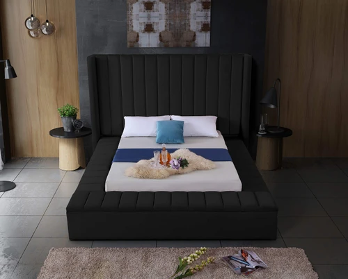 Kiki Collection Modern | Contemporary Velvet Upholsterd Bed with Channel Tufting, Siderails and Footboard Storage Compartments, Queen, Black