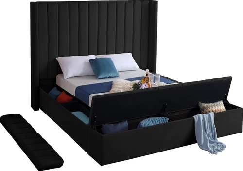 Kiki Collection Modern | Contemporary Velvet Upholsterd Bed with Channel Tufting, Siderails and Footboard Storage Compartments, Queen, Black