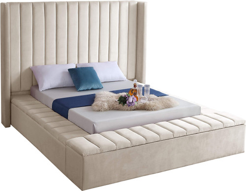Kiki Collection Modern | Contemporary Velvet Upholsterd Bed with Channel Tufting, Siderails and Footboard Storage Compartments, Queen, Cream