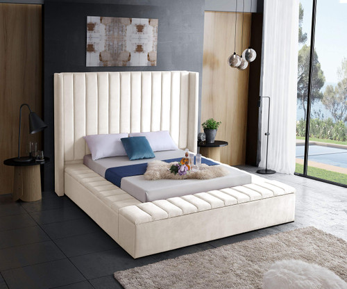 Kiki Collection Modern | Contemporary Velvet Upholsterd Bed with Channel Tufting, Siderails and Footboard Storage Compartments, Queen, Cream