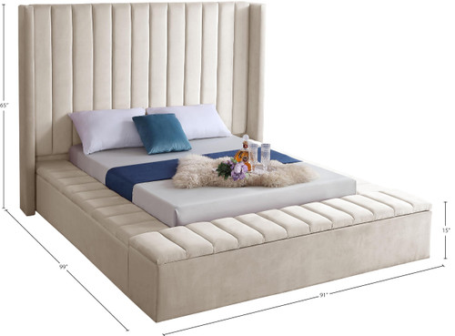 Kiki Collection Modern | Contemporary Velvet Upholsterd Bed with Channel Tufting, Siderails and Footboard Storage Compartments, Queen, Cream