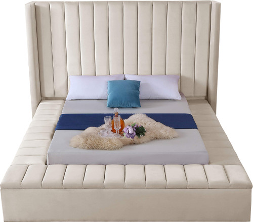 Kiki Collection Modern | Contemporary Velvet Upholsterd Bed with Channel Tufting, Siderails and Footboard Storage Compartments, Queen, Cream