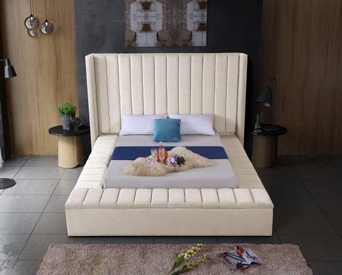 Kiki Collection Modern | Contemporary Velvet Upholsterd Bed with Channel Tufting, Siderails and Footboard Storage Compartments, Queen, Cream