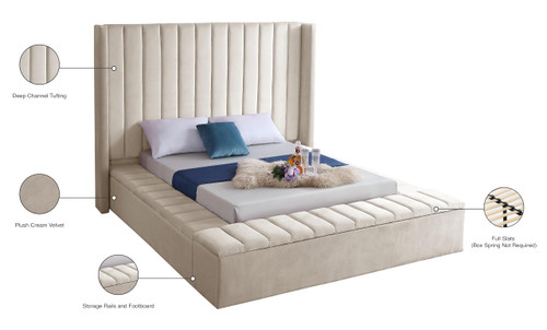 Kiki Collection Modern | Contemporary Velvet Upholsterd Bed with Channel Tufting, Siderails and Footboard Storage Compartments, Queen, Cream