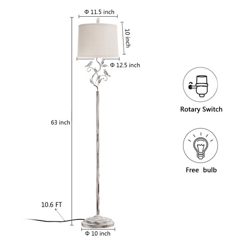 63" Vintage White Bird and Leaf Floor Lamp for Living Room