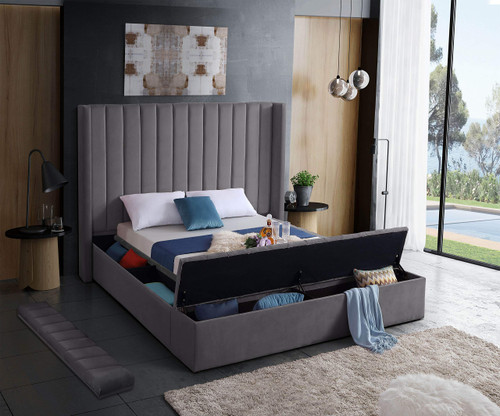 Kiki Collection Modern | Contemporary Velvet Upholsterd Bed with Channel Tufting, Siderails and Footboard Storage Compartments, Queen, Grey
