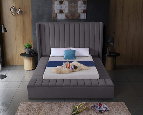 Kiki Collection Modern | Contemporary Velvet Upholsterd Bed with Channel Tufting, Siderails and Footboard Storage Compartments, King, Grey