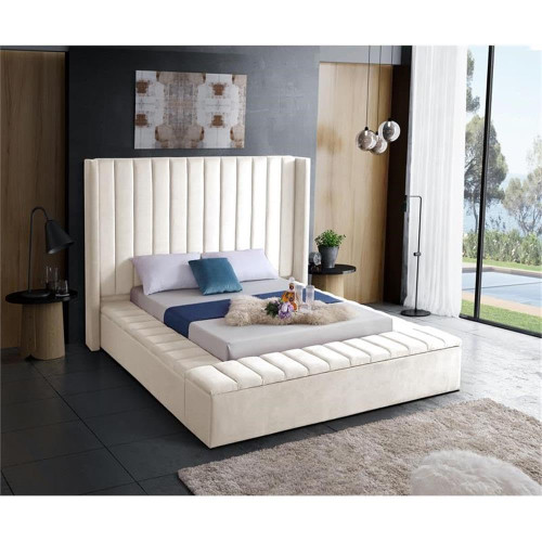 Kiki Collection Modern | Contemporary Velvet Upholsterd Bed with Channel Tufting, Siderails and Footboard Storage Compartments, King, Cream