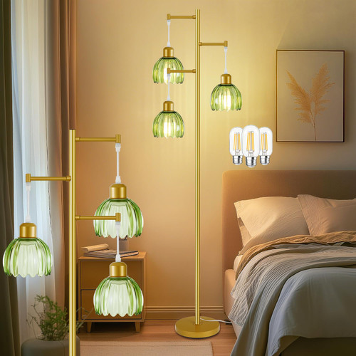 3 Light Flower Floor Lamps for Living Room,Modern Tree Floor Lamp with Foot Switch,Gold Floor Lamp with Glass Shade Vintage,Retro Standing Lamp Includes 3 Bulbs,Boho Tall Lamp for Bedroom Deco