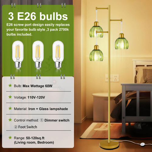 3 Light Flower Floor Lamps for Living Room,Modern Tree Floor Lamp with Foot Switch,Gold Floor Lamp with Glass Shade Vintage,Retro Standing Lamp Includes 3 Bulbs,Boho Tall Lamp for Bedroom Deco