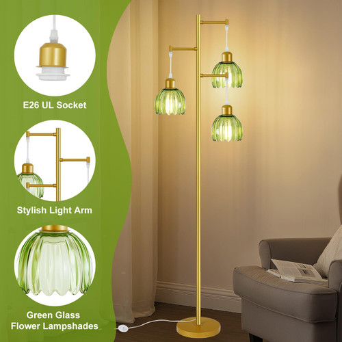3 Light Flower Floor Lamps for Living Room,Modern Tree Floor Lamp with Foot Switch,Gold Floor Lamp with Glass Shade Vintage,Retro Standing Lamp Includes 3 Bulbs,Boho Tall Lamp for Bedroom Deco