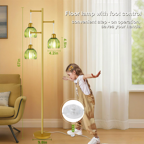 3 Light Flower Floor Lamps for Living Room,Modern Tree Floor Lamp with Foot Switch,Gold Floor Lamp with Glass Shade Vintage,Retro Standing Lamp Includes 3 Bulbs,Boho Tall Lamp for Bedroom Deco