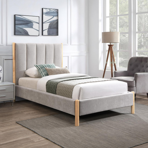 KonaGrey-T Kona Collection Mid-Century Modern Upholstered Twin Bed, Soft Grey Fabric, Finished Rubberwood Legs, Slats, 45" W x 82" D x 47" H, Grey, Twin