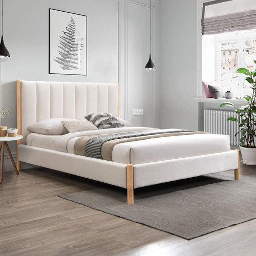 KonaCream-F Kona Collection Mid-Century Modern Upholstered Full Bed, Soft Cream Fabric, Finished Rubberwood Legs, Slats, 61" W x 82" D x 47" H, Cream, Full