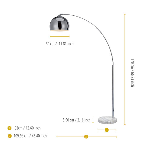 68.1" Arc Floor Lamp for Living Rooms, Home Offices, Dining Rooms, Bedrooms with Faux White Marble Base and Chrome Bell Shade