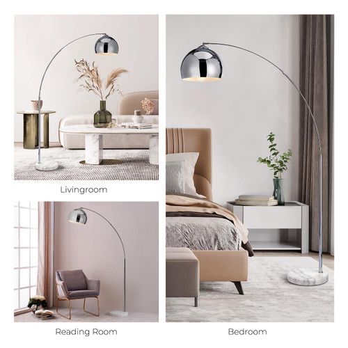 68.1" Arc Floor Lamp for Living Rooms, Home Offices, Dining Rooms, Bedrooms with Faux White Marble Base and Chrome Bell Shade