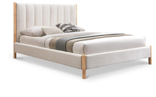 KonaCream-Q Kona Collection Mid-Century Modern Upholstered Queen Bed, Soft Cream Fabric, Finished Rubberwood Legs, Slats, 66.5" W x 86.5" D x 47" H, Cream, Queen