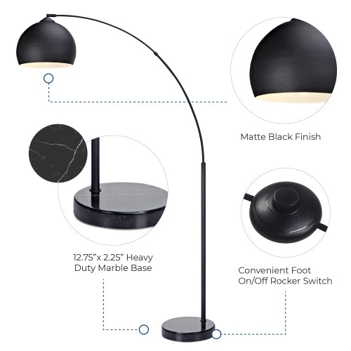 66.93" Arc Floor Lamp for Living Rooms, Home Offices, Dining Rooms, Bedrooms with Faux Black Marble Base and Black Bell Shade