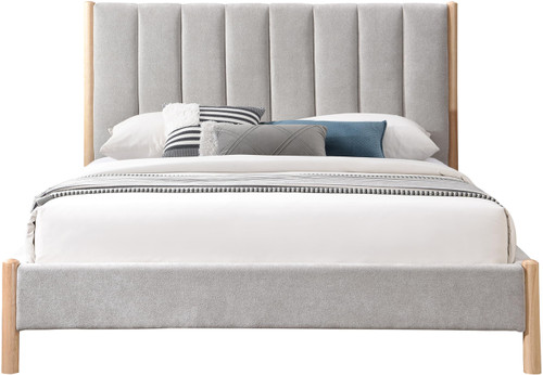 KonaGrey-Q Kona Collection Mid-Century Modern Upholstered Queen Bed, Soft Grey Fabric, Finished Rubberwood Legs, Slats, 66.5" W x 86.5" D x 47" H, Grey, Queen