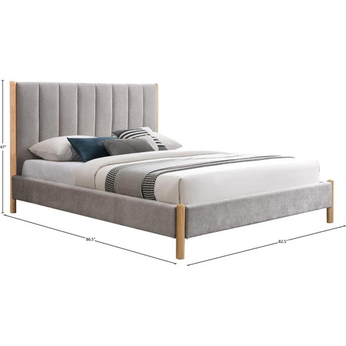 KonaGrey-K Kona Collection Mid-Century Modern Upholstered King Bed, Soft Grey Fabric, Finished Rubberwood Legs, Slats, 82.5" W x 86.5" D x 47" H, Grey, King