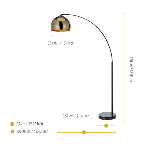 66.93" Arc Floor Lamp for Living Rooms, Home Offices, Dining Rooms, Bedrooms with Faux Black Marble Base and Gold Bell Shade