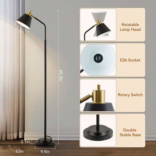 Upgraded Double-Base Black Floor Lamp, Adjustable Lamp Head-65.3"
