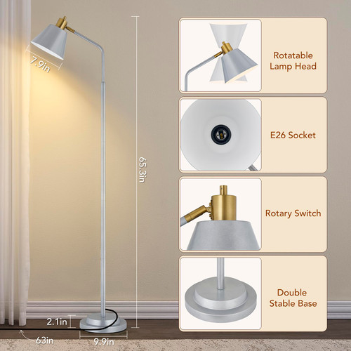 Upgraded Double-Base Silver Floor Lamp, Adjustable Lamp Head-65.3"