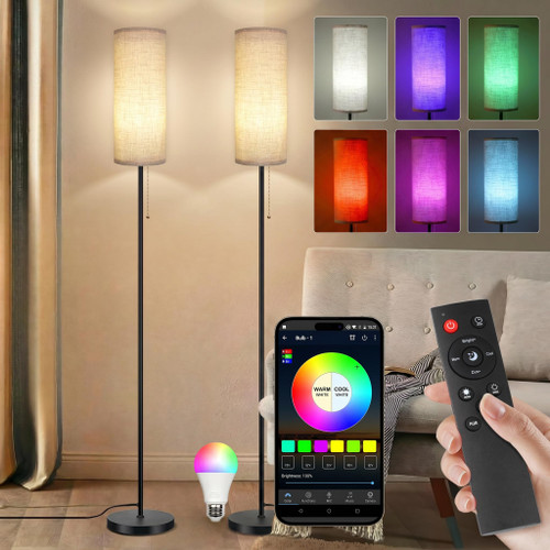 2 Pack LED Corner Floor Lamp with Remote Control Smart Standing Floor Lamp with DIY Color for Bedroom Living Room Gaming Adjustable Color Brightness 9W LED Bulb Included - 2 Pack Beige Shade+RGB Bulb