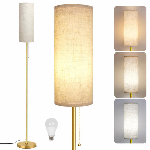 Modern Floor Lamp for Living Room, Gold Standing Lamps with 3 Color Temperatures Bulb, Minimalist Tall Lamp with Chain Switch for Bedroom, LED Bulb Included(Beige Shade+Gold)