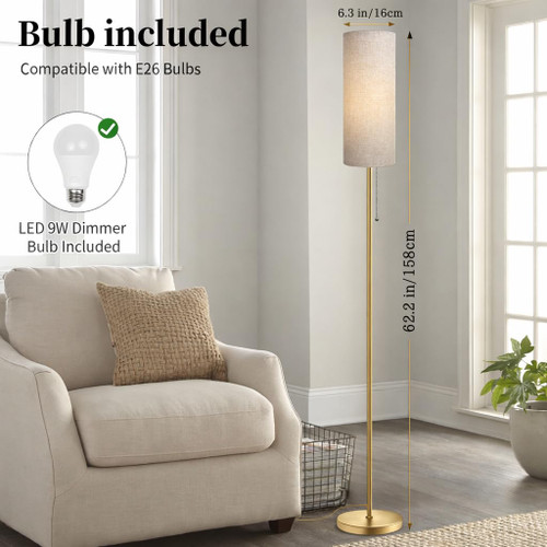 Modern Floor Lamp for Living Room, Gold Standing Lamps with 3 Color Temperatures Bulb, Minimalist Tall Lamp with Chain Switch for Bedroom, LED Bulb Included(Beige Shade+Gold)