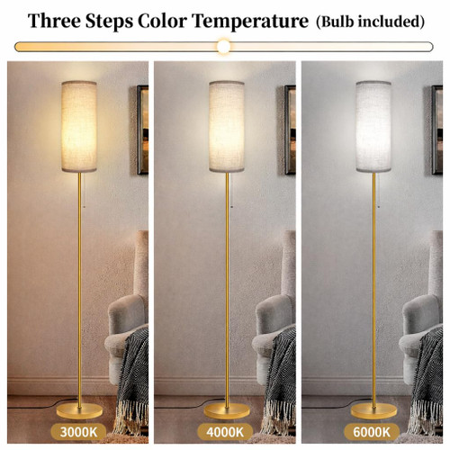 Modern Floor Lamp for Living Room, Gold Standing Lamps with 3 Color Temperatures Bulb, Minimalist Tall Lamp with Chain Switch for Bedroom, LED Bulb Included(Beige Shade+Gold)