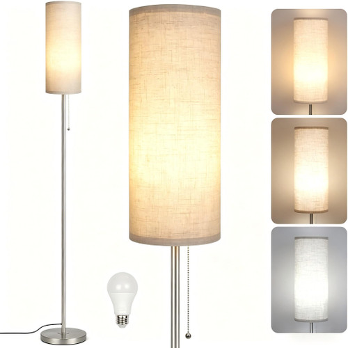 Floor Lamp for Living Room, Modern Standing Lamps with Lampshade, Minimalist Tall Lamp with Chain Switch for Living Room, LED Bulb Included (Nickel Body+Beige Shade)
