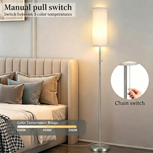 Floor Lamp for Living Room, Modern Standing Lamps with Lampshade, Minimalist Tall Lamp with Chain Switch for Living Room, LED Bulb Included (Nickel Body+Beige Shade)
