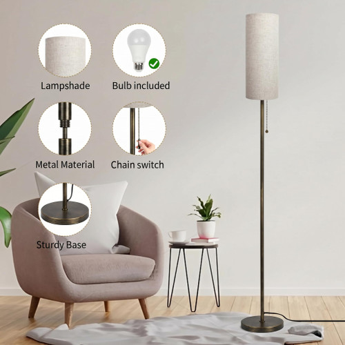 Floor Lamp for Living Room Modern Standing Lamps with Lampshade Minimalist Tall Lamp with Switch Ajustable Color for Bedroom Reading LED Bulb Included Gold Black Brushed Body+Beige Shade