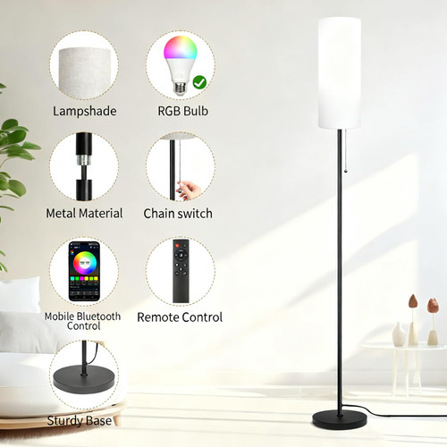 Floor Lamps for Living Room RGB Color Changing Bulbs Dimmable Color Brightness Modern Standing Lamp Remote Control Tall Lamp Chain Switch for Bedroom Office 9W LED Bulb Included, White Shade RGB Bulb