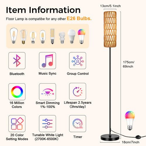 Floor Lamp for Living Room with Smart RGB Bulb, Black Standing Lamp with Remote, Color Changing Tall Lamps with Music Sync for Bedroom (1-Black)
