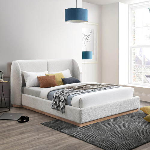 JardinCream-Q Jardin Collection Art Deco Queen Bed with Rich Cream Boucle Fabric, Solid Wood Base, Rounded Wing Back Bed, 76" W x 89.5" D x 42.75" H, Cream, Queen
