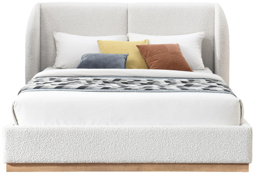 JardinCream-K Jardin Collection Art Deco King Bed with Rich Cream Boucle Fabric, Solid Wood Base, Rounded Wing Back Bed, 92" W x 89.5" D x 42.75" H, Cream, King