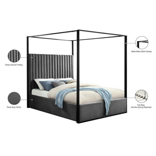 JaxGrey-Q Jax Collection Modern | Contemporary Velvet Upholstered Queen Bed, Grey Velvet, Deep Channel Tufting, Matte Black Steel Canopy, 66.5" W x 86.5" D x 78.5" H, Grey, Queen