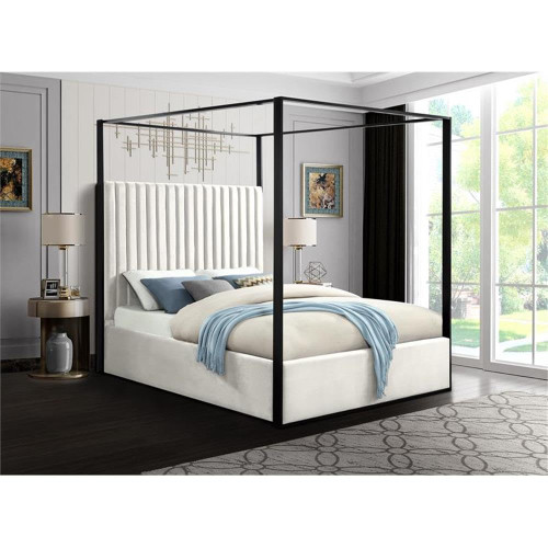 JaxCream-K Jax Collection Modern | Contemporary Velvet Upholstered King Bed, Cream Velvet, Deep Channel Tufting, Matte Black Steel Canopy, 82" W x 86.5" D x 78.5" H, Cream, King