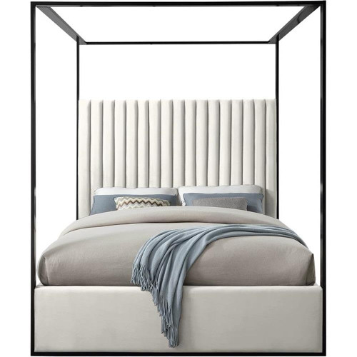 JaxCream-K Jax Collection Modern | Contemporary Velvet Upholstered King Bed, Cream Velvet, Deep Channel Tufting, Matte Black Steel Canopy, 82" W x 86.5" D x 78.5" H, Cream, King